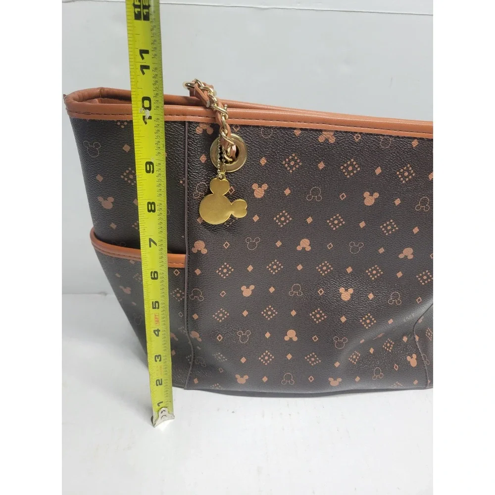Disney NRETRO‎ Mickey Mouse Monogram Tote Bag Brown Tan Gold Tone Hardware Charm